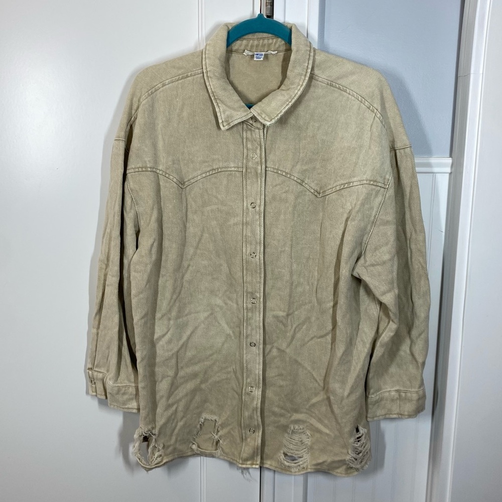 12th Tribe‎ Tan Lightweight Denim Shirt Jacket western distressed Yellowstone